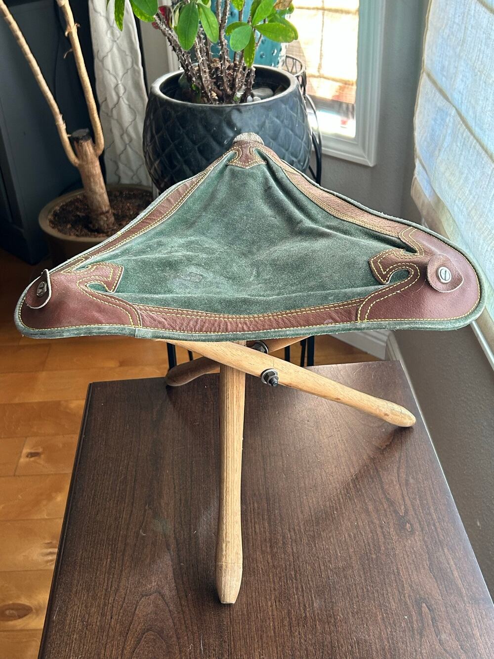 Vintage WWII Era Sniper Camp Stool Tri Pod Leather and Green Canvas